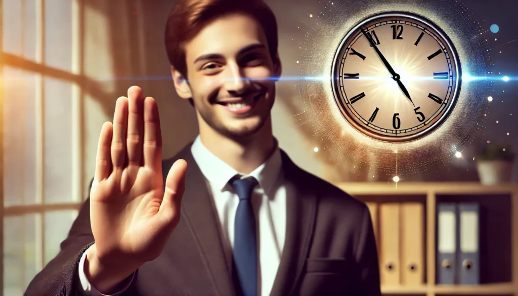 Persona sonriente levantando la mano en un gesto educado de negación, con un reloj de fondo que simboliza la gestión del tiempo y la productividad. Establecer límites de manera asertiva.