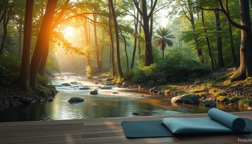 La imagen muestra un paisaje natural que evoca tranquilidad y relajación, ideal para combatir el estrés. En el centro de la escena, un arroyo fluye suavemente entre las rocas, rodeado por un frondoso bosque lleno de árboles altos y verdes, con algunos rayos de sol que penetran entre las ramas, creando un ambiente cálido y acogedor. La suave luz matutina ilumina el paisaje, realzando la serenidad del entorno.
