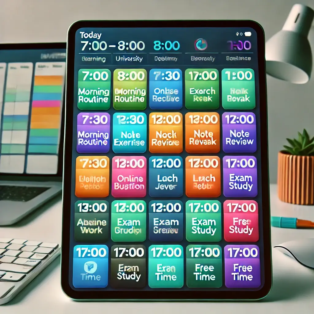 Calendario digital con bloques de tiempo codificados por colores, mostrando un horario de time blocking que incluye rutinas, clases, trabajo, estudio y ocio, optimizado para la gestión eficiente del tiempo y la productividad.