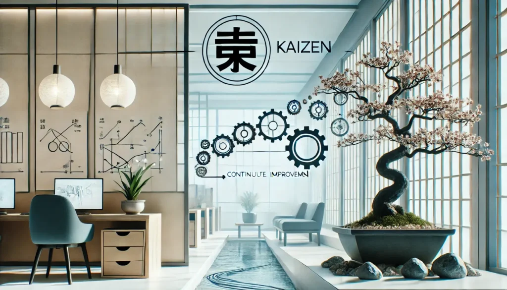 Ilustración del método Kaizen, filosofía japonesa de mejora continua, con elementos de oficina y símbolos de progreso gradual en un entorno de trabajo eficiente y armónico