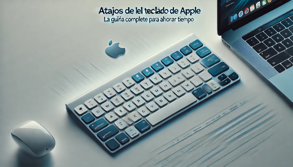 Teclado de apple al lado de un ordenador de apple tambien con el texto: atajos del teclado de apple la guia completa para ahorrar tiempo