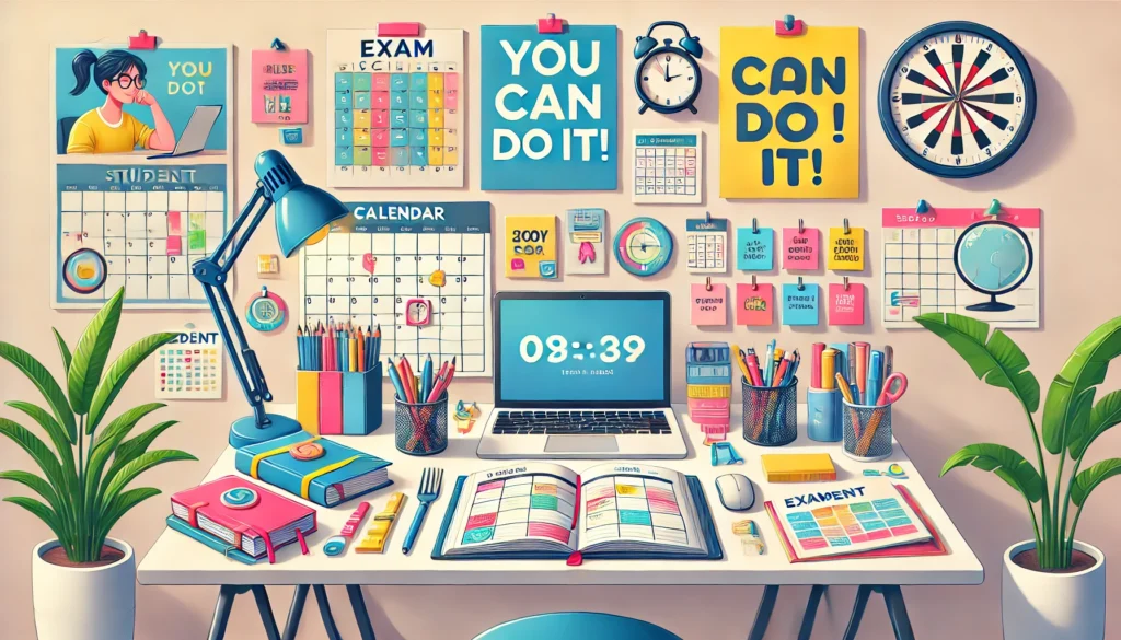 Una ilustración horizontal que muestra a un estudiante organizando su horario de exámenes. La escena incluye un escritorio limpio y ordenado con un calendario, notas adhesivas de colores, un planificador y bolígrafos organizados. Una laptop muestra un calendario digital, y en la pared hay un reloj que simboliza la gestión del tiempo. La luz natural entra suavemente por una ventana, creando un ambiente motivador. En el fondo, se ven carteles con mensajes inspiradores como "¡Tú puedes lograrlo!". La imagen transmite productividad y organización.