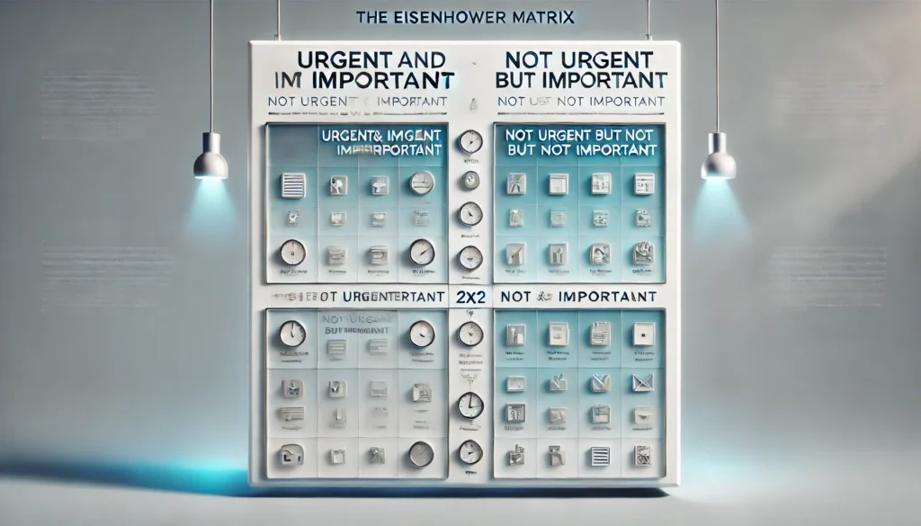 Ilustración de la Matriz de Eisenhower con un diseño profesional. Incluye un gráfico 2x2 etiquetado con los cuadrantes: 'Urgente e Importante,' 'No Urgente pero Importante,' 'Urgente pero No Importante,' y 'No Urgente ni Importante.' Fondo moderno con degradado azul y blanco, ideal para mejorar la productividad.