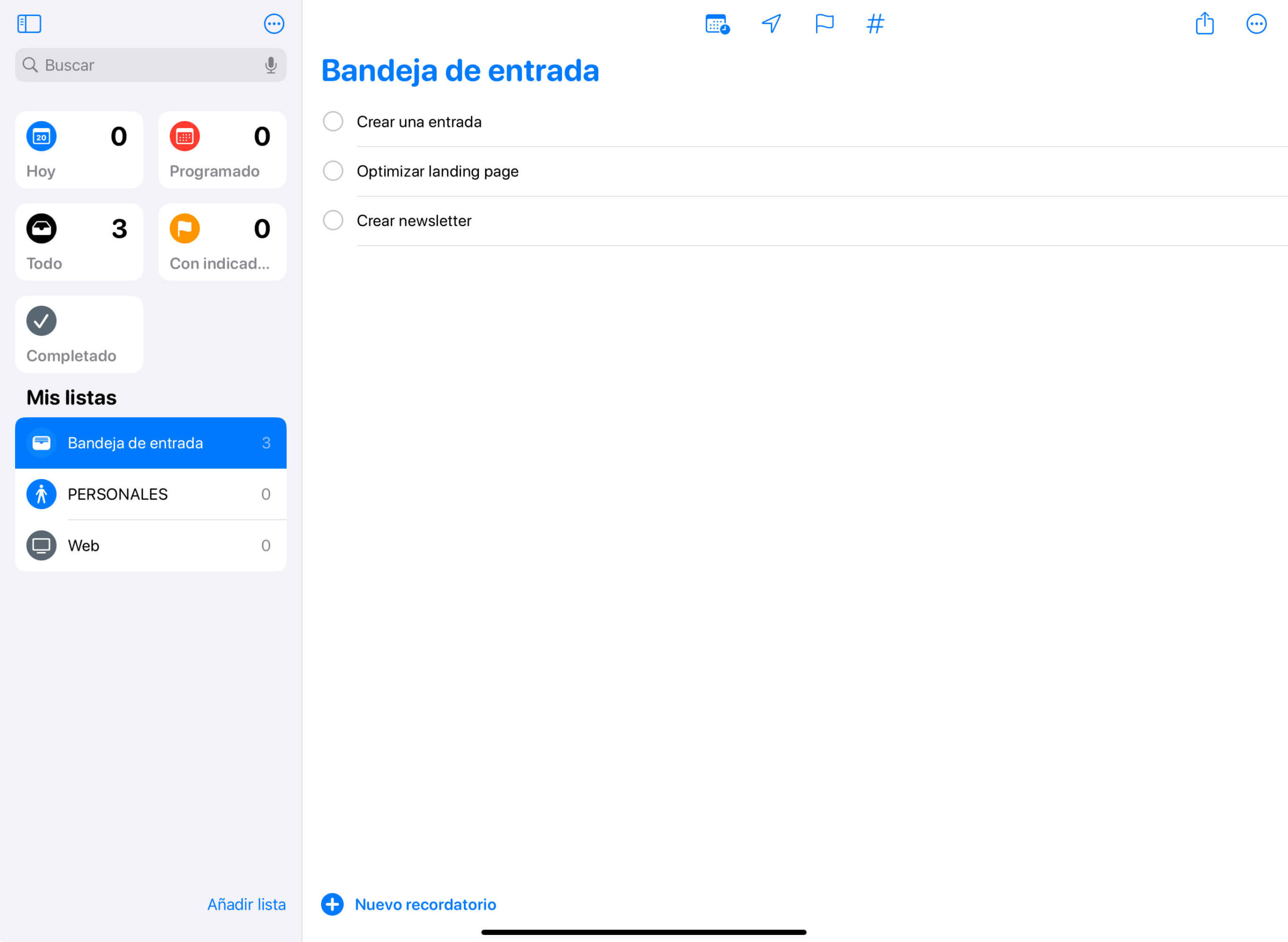 Bandeja de entrada en la app de productividad de recordatorios