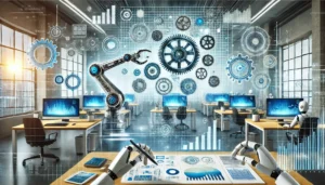 Automatización de procesos en una oficina moderna con brazos robóticos, gráficos y diagramas de flujo que muestran sistemas de trabajo eficientes.